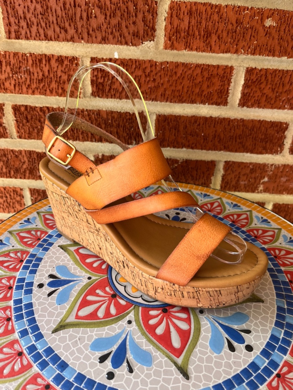 G.H. Bass Grace Women 8.5 Brown Cork Wedge Sandals Vegan Faux Leather Straps